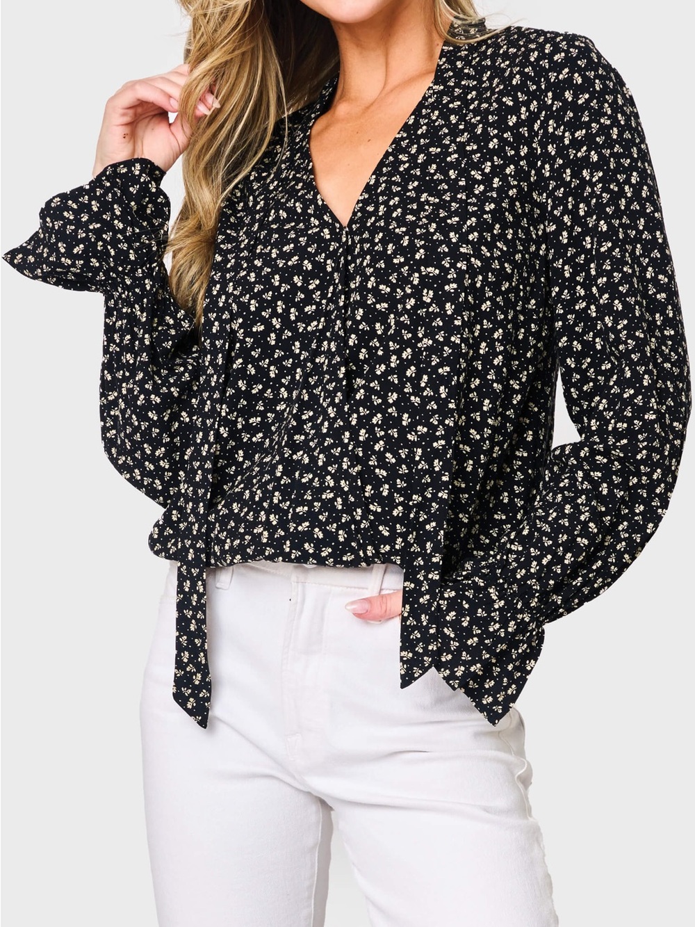 Gibsonlook Black Floral Tie Neck Blouse Long Sleeve Boho Peasant Top